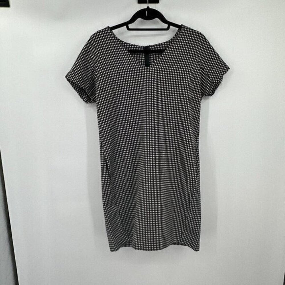FRNCH Womens Dress Medium Sheath Black Beige Short Sleeves V Neck Pockets Preppy
